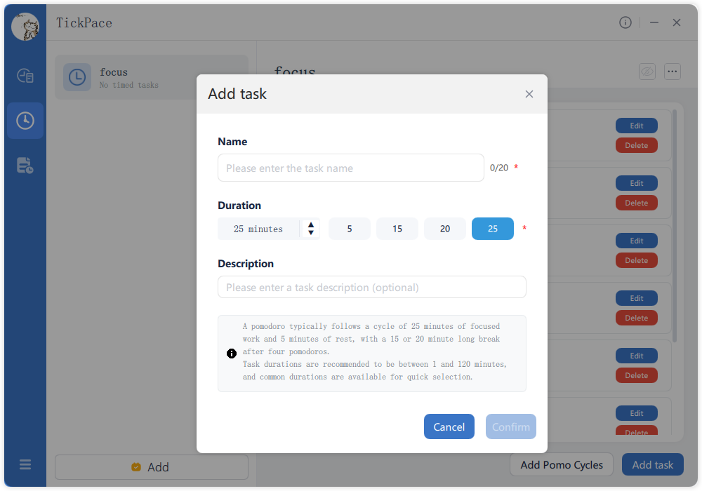 Create Pomodoro task interface